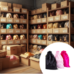 "Silk Radiance Hairtainable Satchel in Black, Pink, and Yellow, providing luxurious storage for wigs and hair extensions."